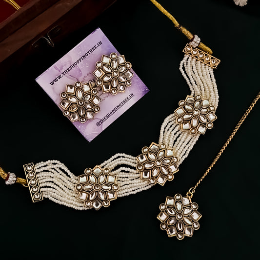 Diksha Kundan Choker Necklace Set - Golden