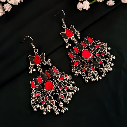 Lotus Afghani Long Necklace with Earrings (Black & Red)