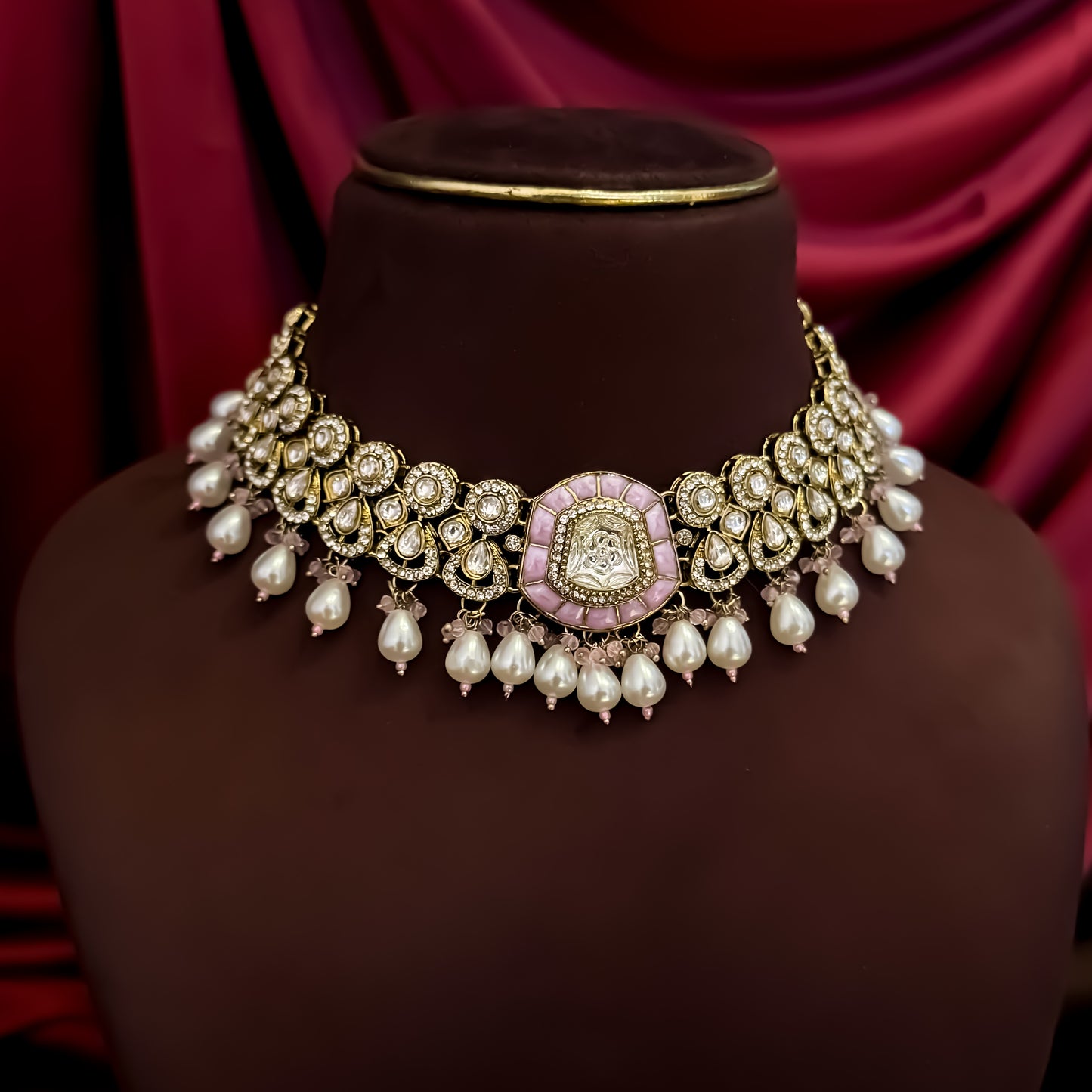 Tanishka Polki Premium Necklace Set - Baby Pink