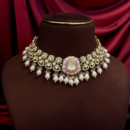 Tanishka Polki Premium Necklace Set - Baby Pink