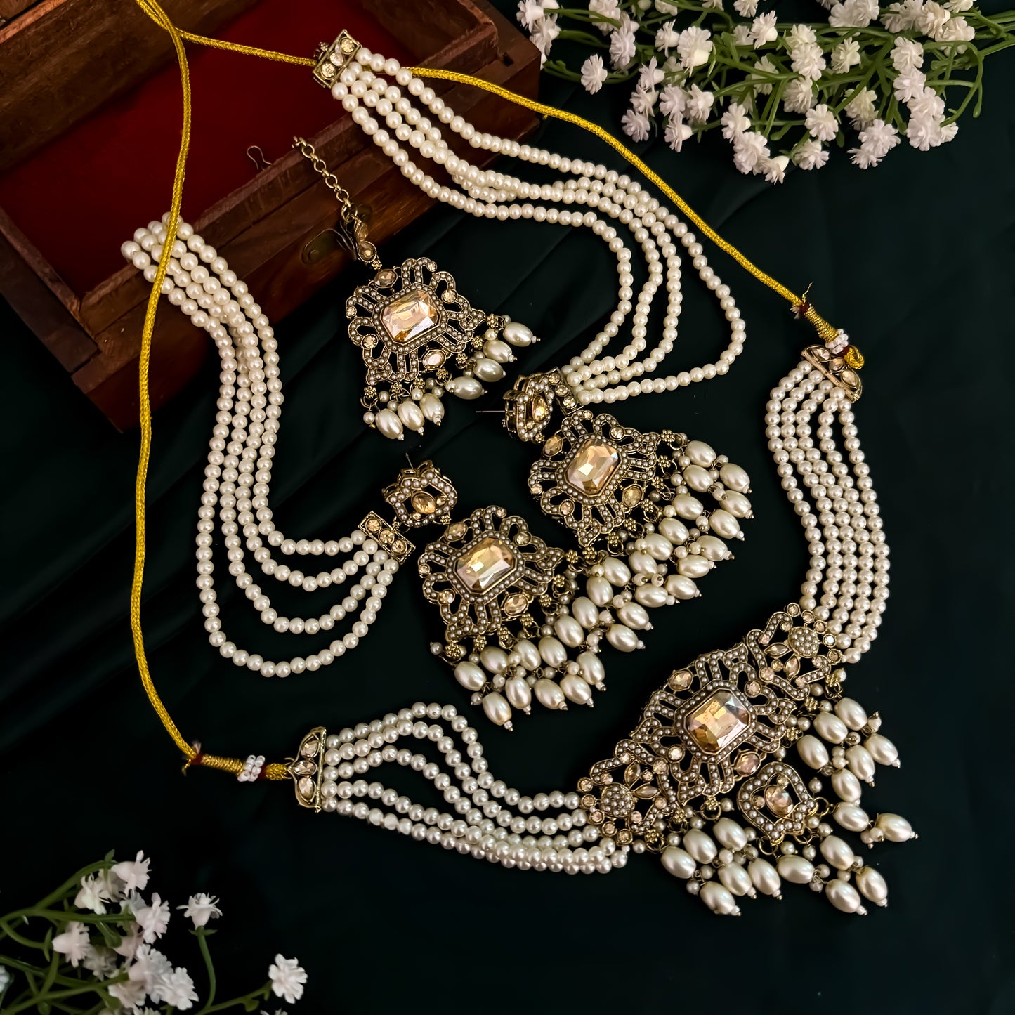 Jodha Jadau Reverse AD Necklace Set with Sahara Earrings & Teeka - Golden