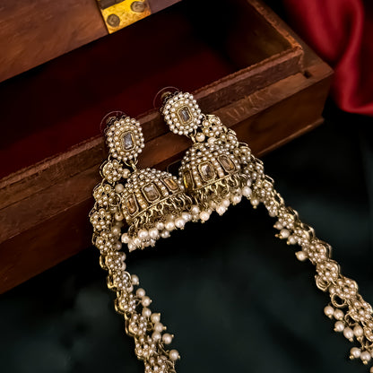 Aarzoo Jadau Reverse AD Jhumka Earrings with Sahara & Teeka - Golden