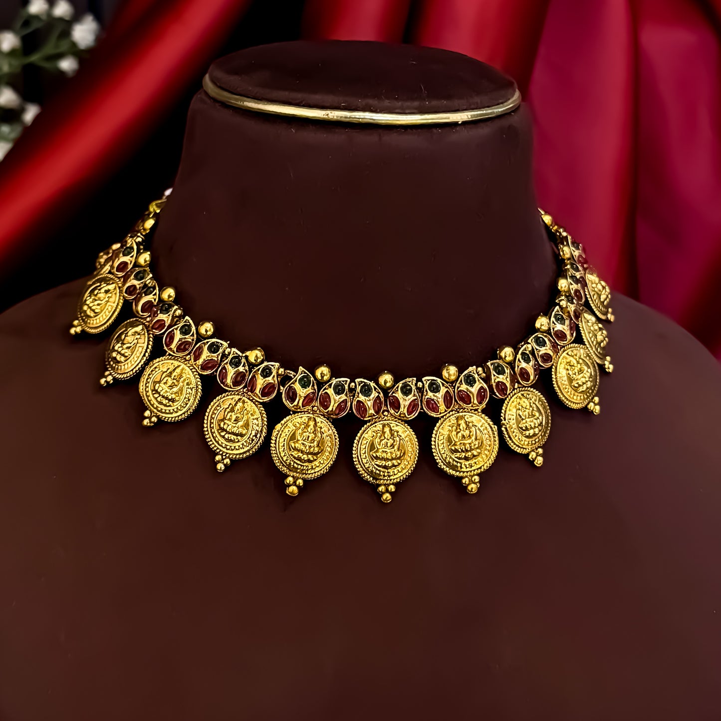 Lavika Kasumala Coin Temple Necklace Set - Pink & Green