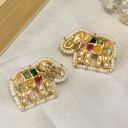Gajanan Jadau Brass Stud Earring - Multi