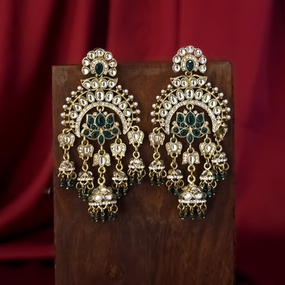Hina Khan inspired oversized antique gold hybrid chandbali jhumka earrings featuring emerald green lotus kundan work and hanging green beads