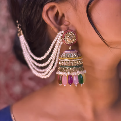 Rubina Jadau Reverse AD Jhumka Earrings with Earchain - Multi