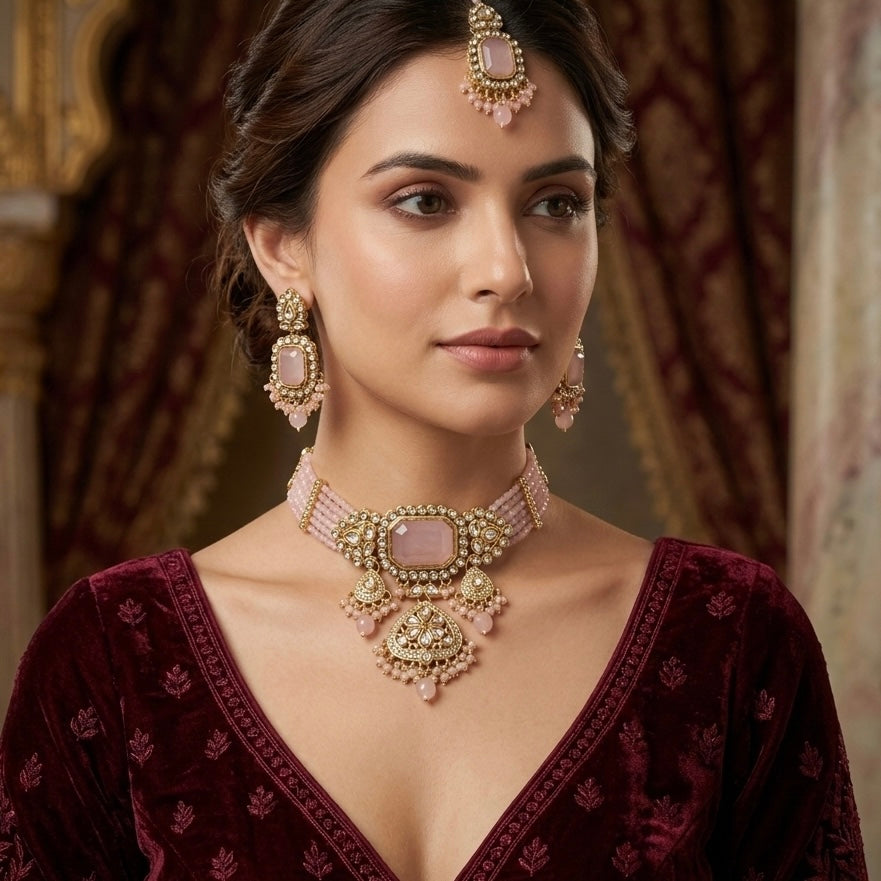 Shriya Kundan Choker Necklace Set - Pastel Pink