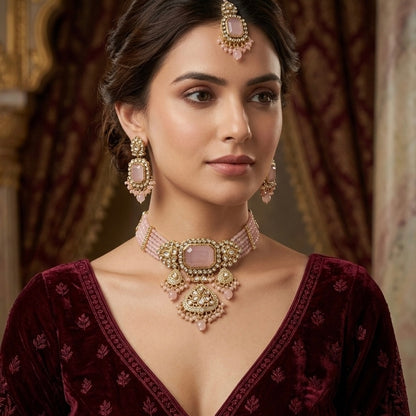 Shriya Kundan Choker Necklace Set - Pastel Pink