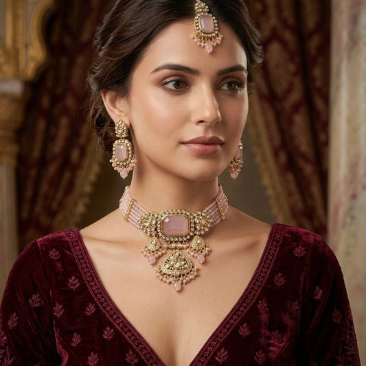 Shriya Kundan Choker Necklace Set - Pastel Pink