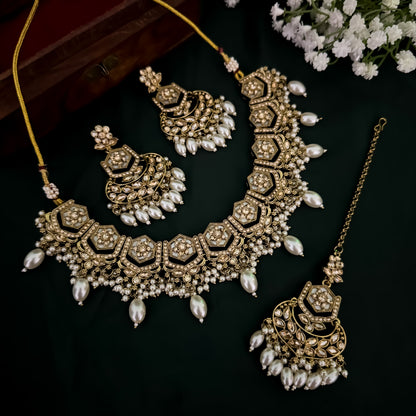 Mahal MOP Reverse AD Necklace Set - Golden