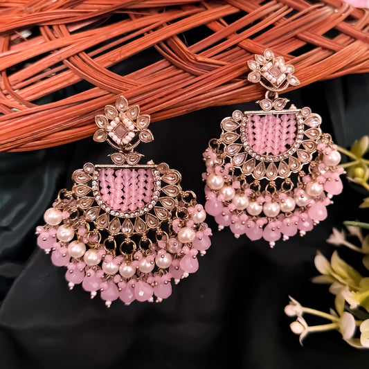 Mansa Kundan Pearl Chandbali - Baby Pink