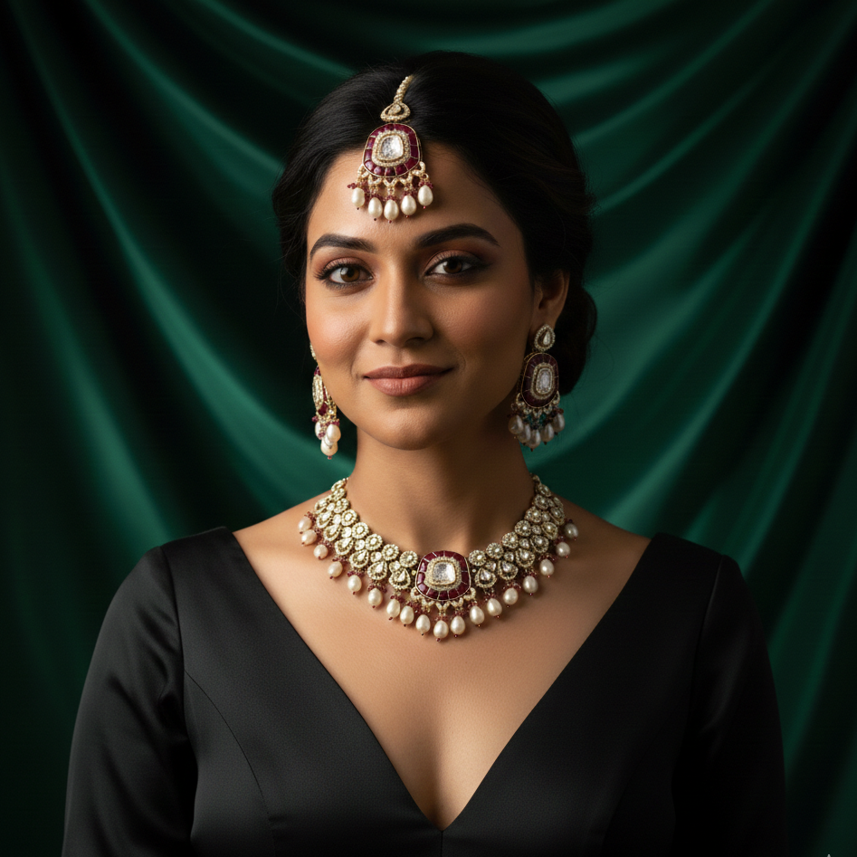 Tanishka Polki Premium Necklace Set - Magenta Pink