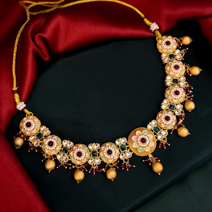 Sayantika Rajwadi Matte Polish Necklace Set - Pink & Green