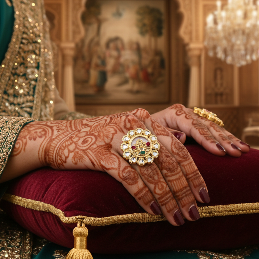 Rasikaa adjustable antique gold ring featuring an oversized circular kundan halo and hand painted mother of pearl floral center