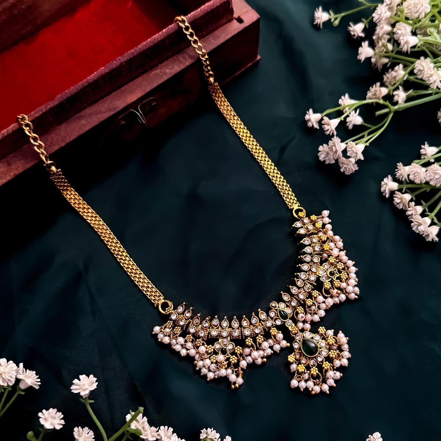 Mini Guttapushali Necklace Set With Earrings- Golden & Green