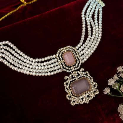 Vivan Victorian Pearl Choker Necklace Set - Pastel Pink