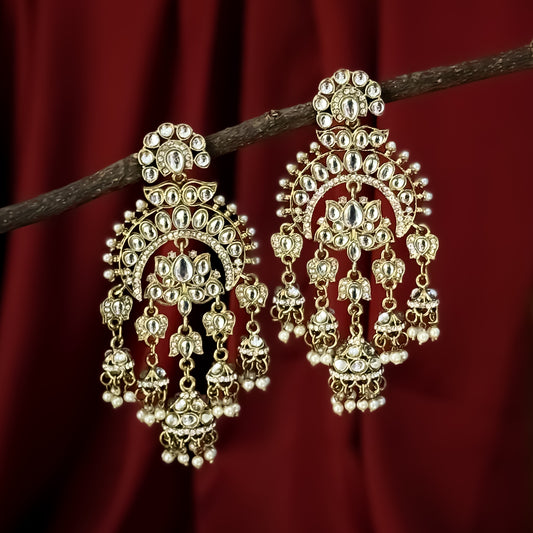 Hina Khan inspired oversized antique gold hybrid chandbali jhumka earrings featuring lotus kundan work and cascading pearl drops