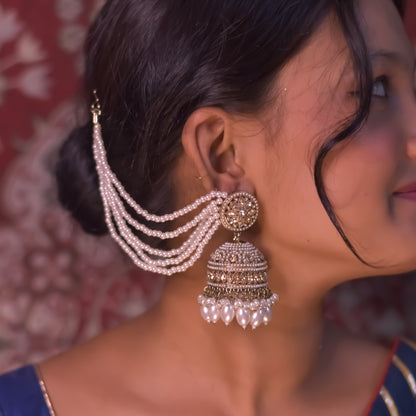Rubina Jadau Reverse AD Jhumka Earrings with Earchain - Golden
