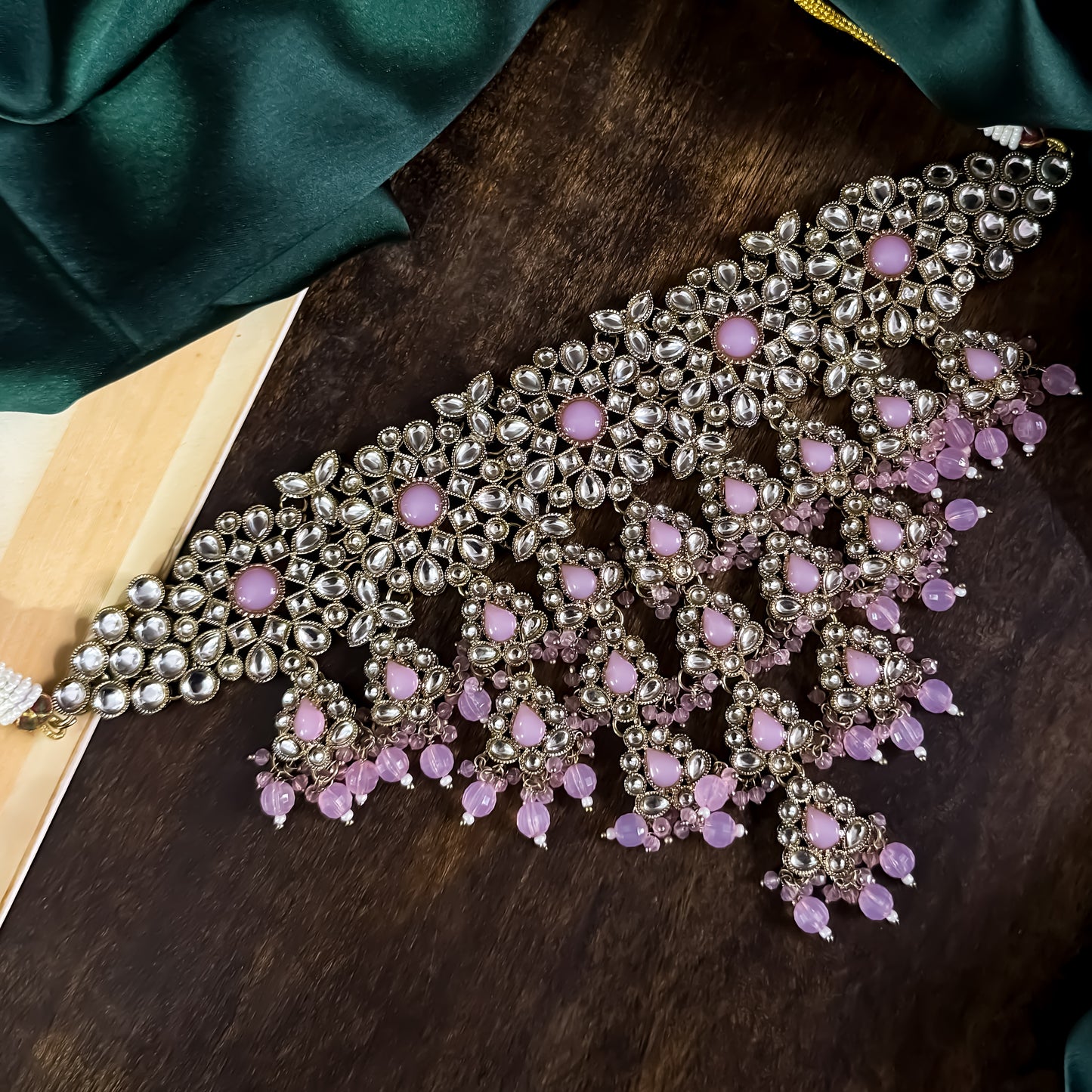 Shabana Premium Kundan Pearl Choker Necklace Set - Baby Pink