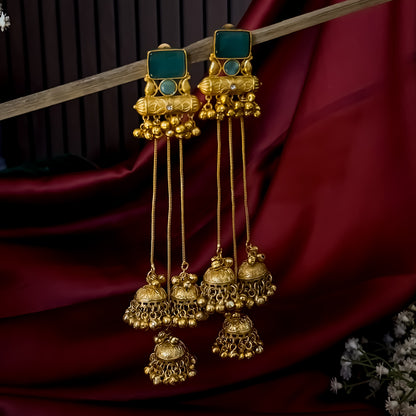 Pranjal Kashmiri Brass Dejhoor Jhumka Ghungroo Earrings - Turquoise