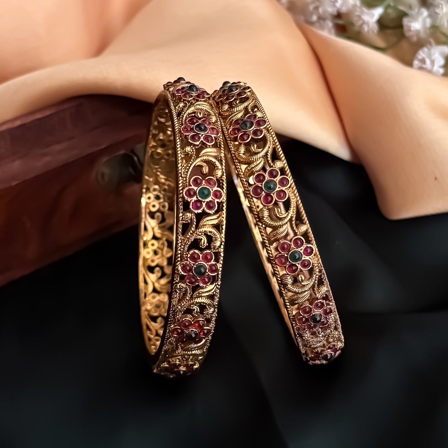 Sumedha Floral Temple Gold Bangles - Pink & Green (Set of 2)