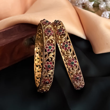 Sumedha Floral Temple Gold Bangles - Pink & Green (Set of 2)