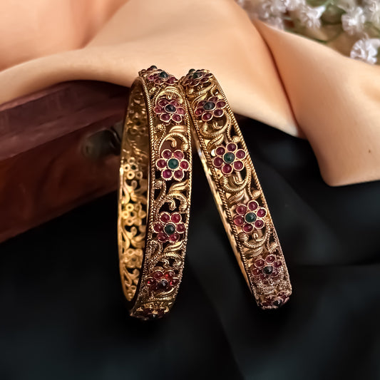 Sumedha Floral Temple Gold Bangles - Pink & Green (Set of 2)