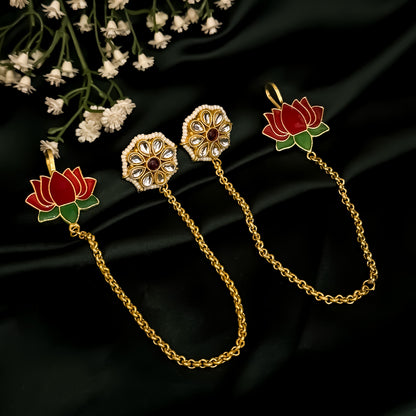 Sunehri Lotus Premium Kashmiri Brass Earrings with Sahara/Earchains - Pink & Golden
