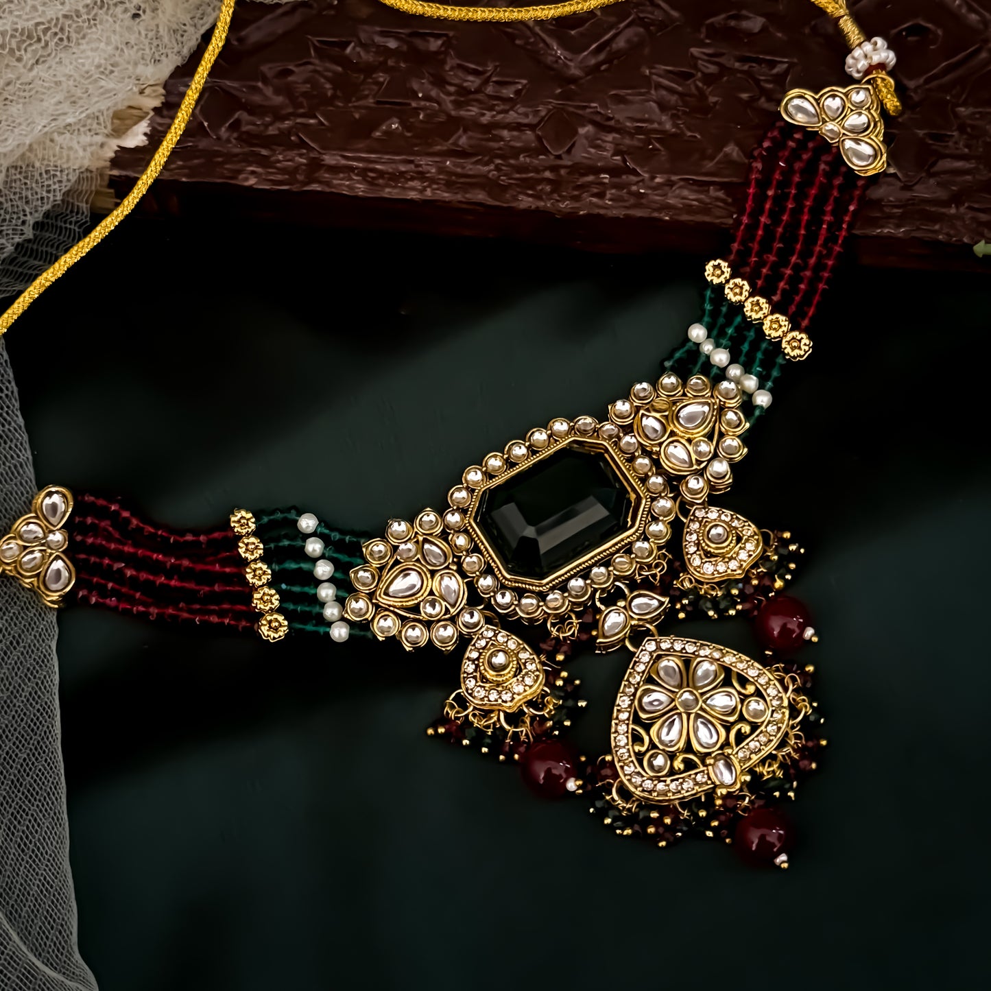 Shriya Kundan Choker Necklace Set - Maroon & Green