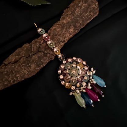 Mahtaab Jadau Reverse AD Jhumka Earrings with Earchain & Teeka - Multi