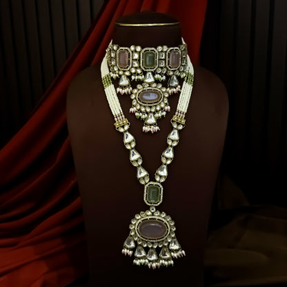 Israni Premium Kundan Long & Short Necklace Set - Pastel Green & Pink