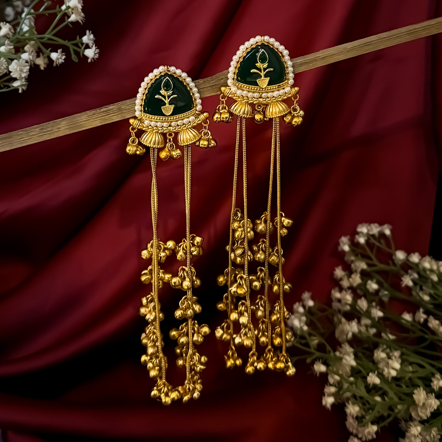 Vishakha MOP Kashmiri Brass Dejhoor Ghungroo Jhumka Earrings - Green