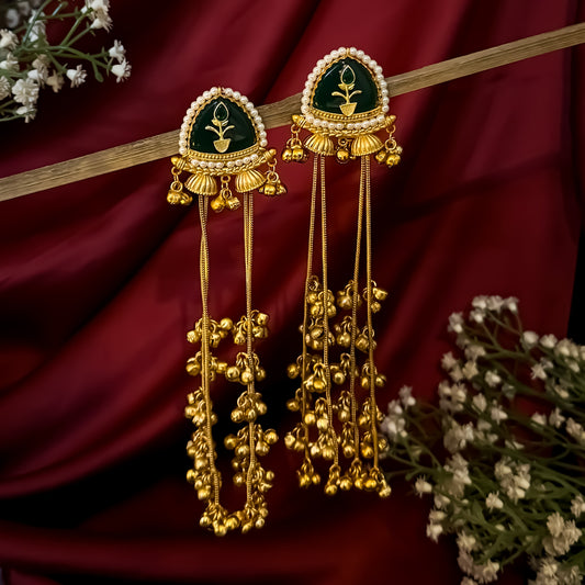 Vishakha MOP Kashmiri Brass Dejhoor Ghungroo Jhumka Earrings - Green