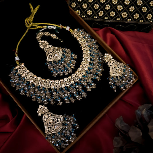 Madiha Premium Reverse AD Necklace Set - Firozi