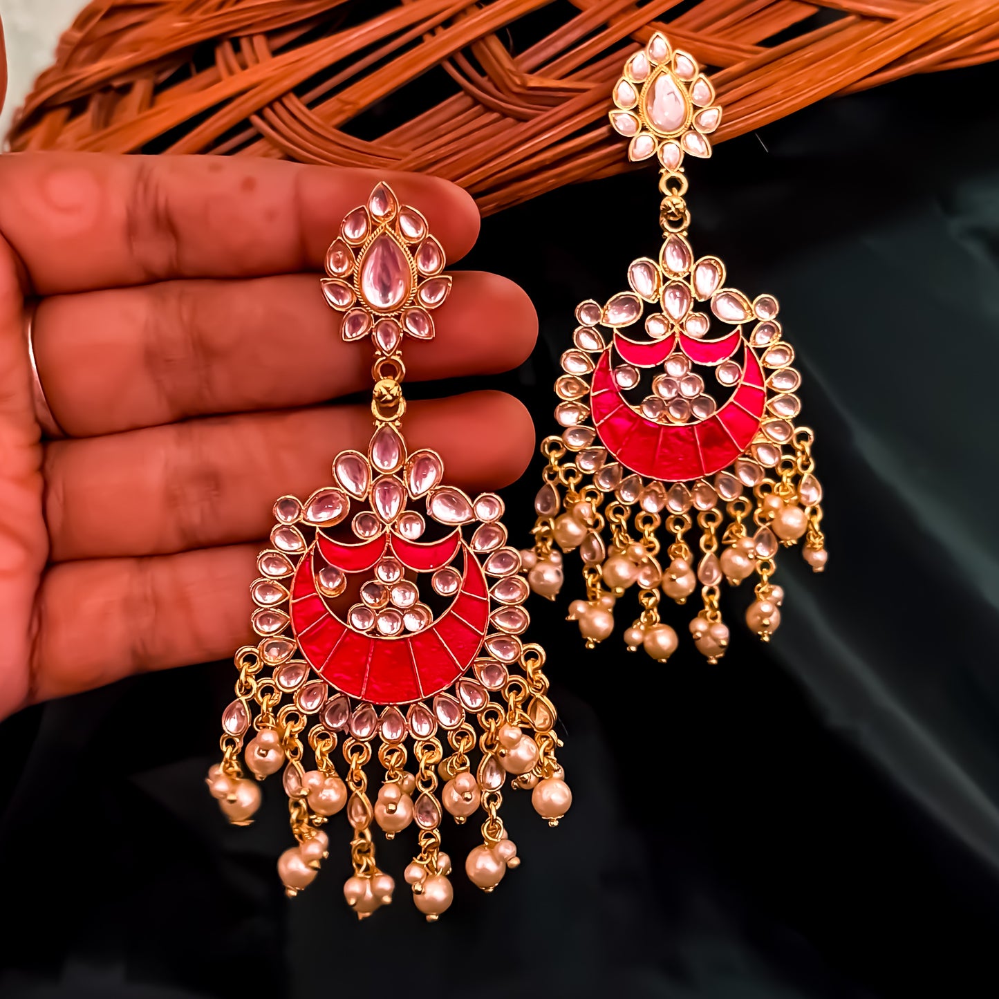 Shinu Kundan Chandbali Earrings - Hot Pink