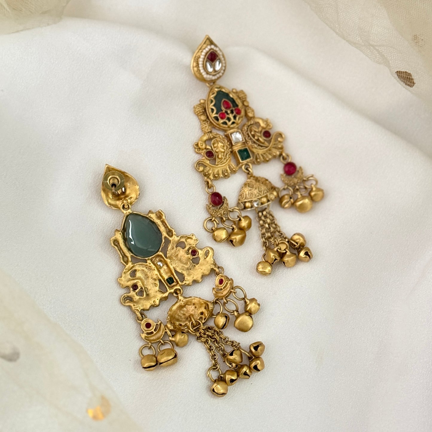 Mihir Fusion Rajwadi Kashmiri Brass Ghungroo Chandbali Earrings - Pink & Green
