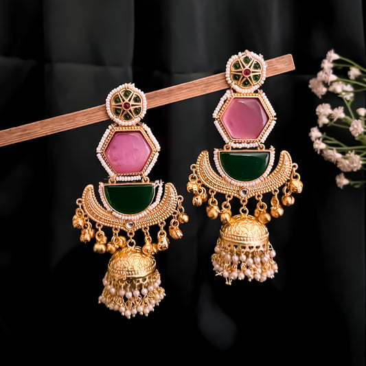 Kaviri Premium Kashmiri Brass Jhumka Ghungroo Earrings - Dark Green & Pink
