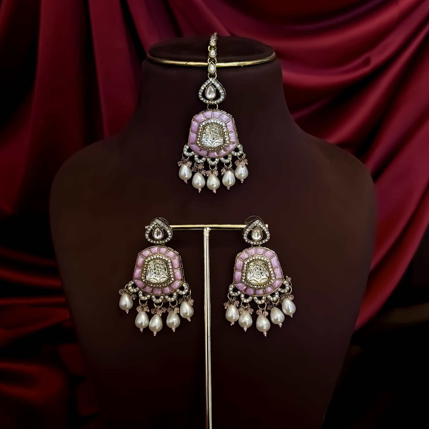 Tanishka Polki Premium Necklace Set - Baby Pink