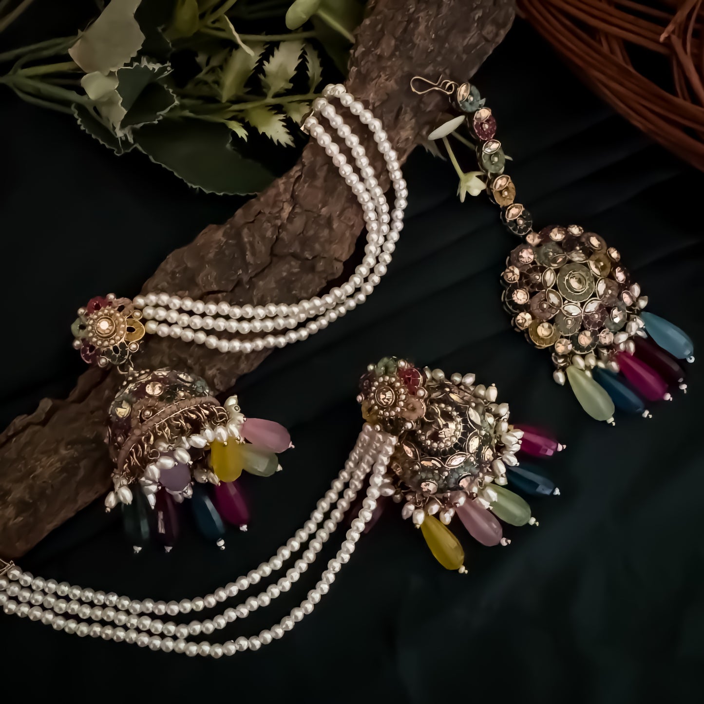 Mahtaab Jadau Reverse AD Jhumka Earrings with Earchain & Teeka - Multi
