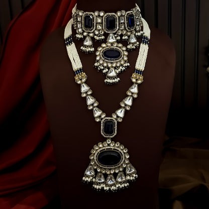 Israni Premium Kundan Long & Short Necklace Set - Royal Blue