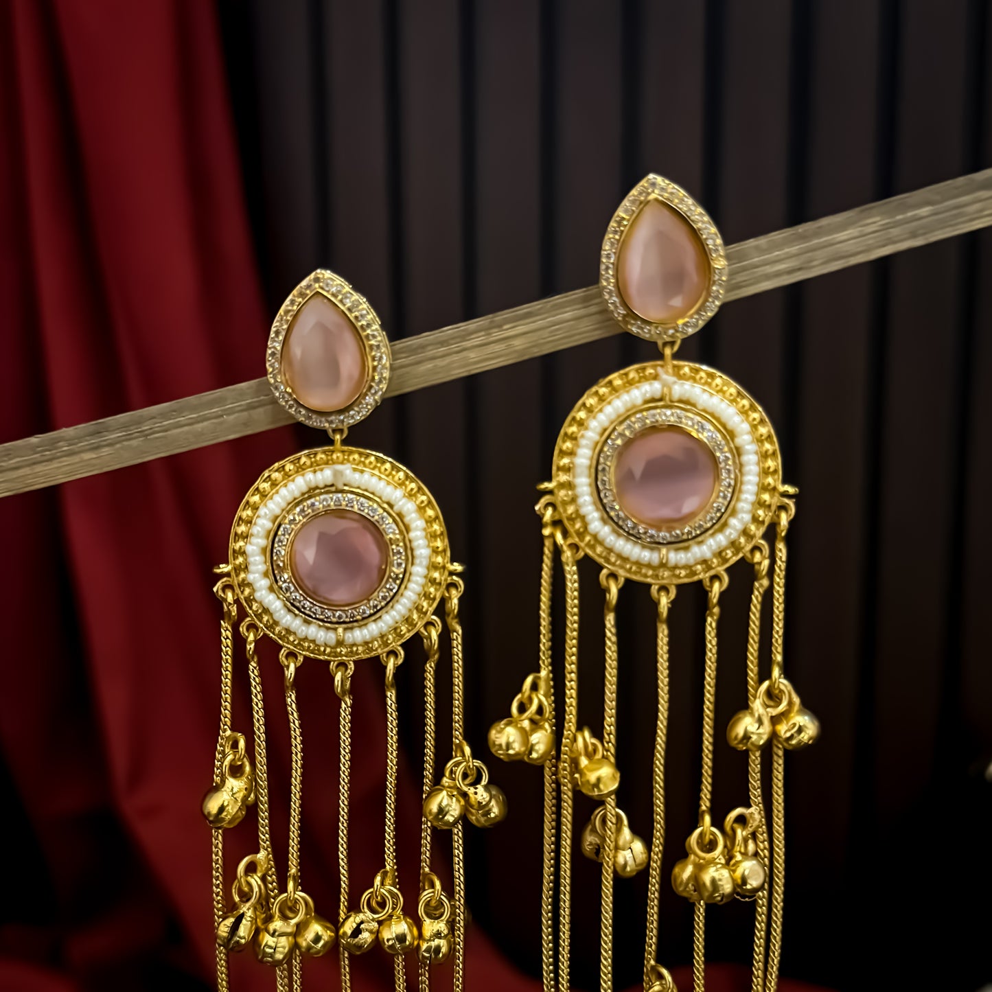 Shrenu Premium Kashmiri Brass Ghungroo Earrings - Pastel Pink