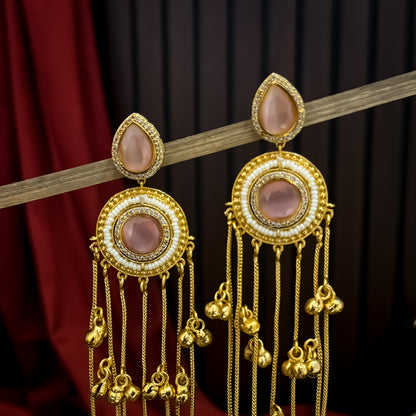 Shrenu Premium Kashmiri Brass Ghungroo Earrings - Pastel Pink