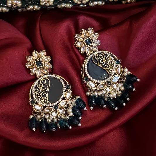 Ishika Premium Cutwork MOP Premium Chandbali Earrings - Peacock Blue