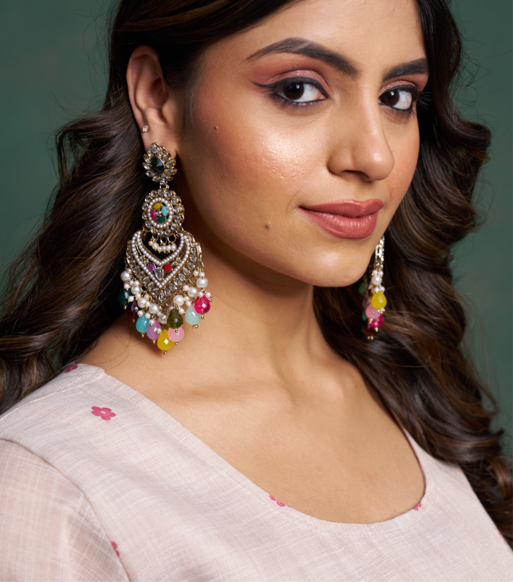 Shaba Jadau Kundan Chandbali Earrings - Multi