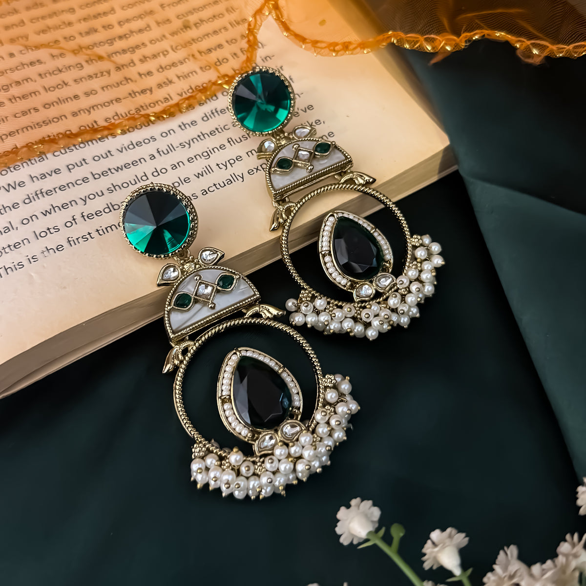 Emerald Green Nishi Kundan Ganthan Chandbali Earrings