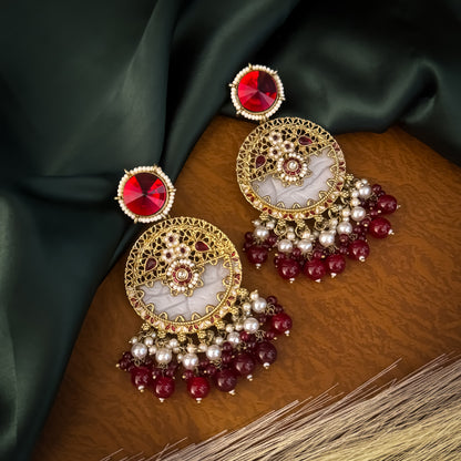Maroon Pallavi MOP Pearl Menakari Chandbali Earrings