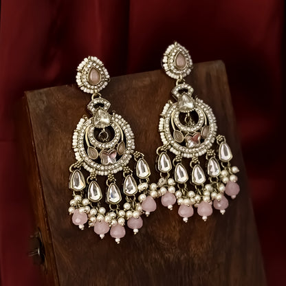 Athiya Kundan Pearl Premium Chandbali Earrings - Baby Pink