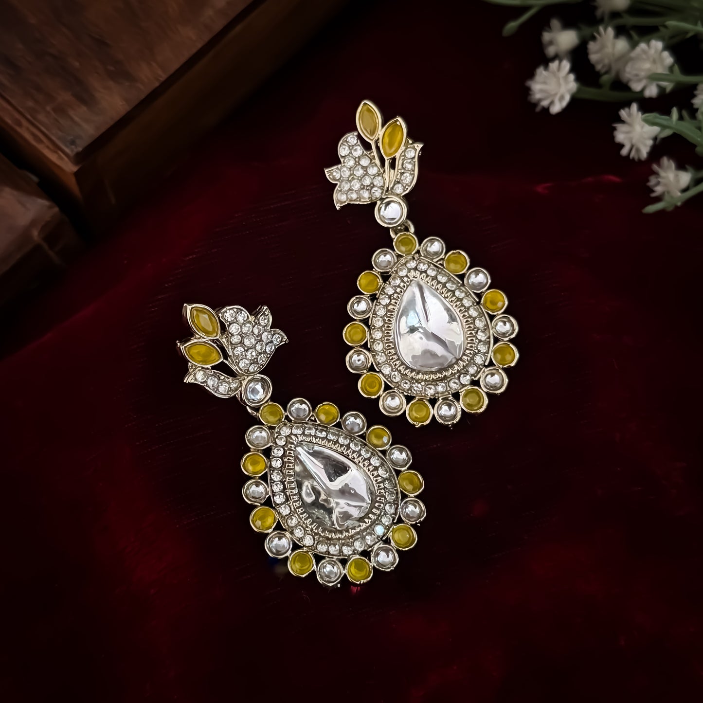 Mansi Kundan Drop Earrings - Yellow