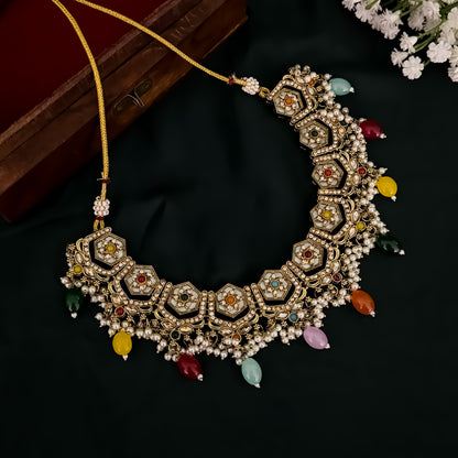 Mahal MOP Reverse AD Necklace Set - Multi