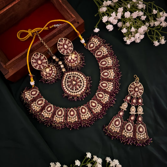 Sahana Jadau Preminum Reverse AD Gantnan Necklace Set with Teeka & Pasha - Wine